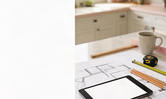 Renovation plans and a tablet on a bright kitchen work surface in an Ontario home