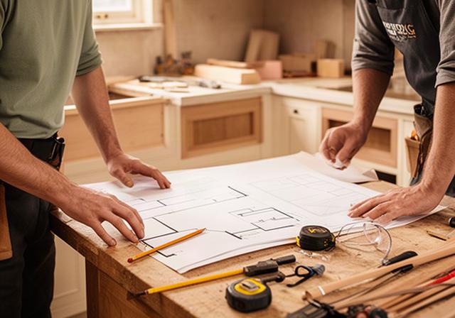 Renovation team reviewing kitchen plans beside a timber workbench in a Loyalist workshop
