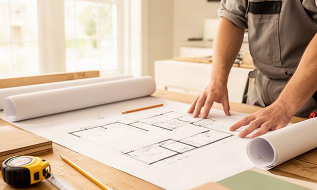 Renovation professional reviewing building plans at a wood worktable in a bright Ontario home