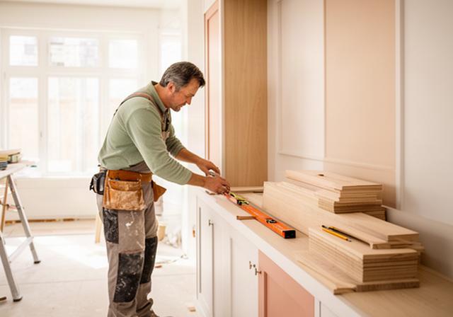Lead carpenter measuring a built-in cabinet in a bright residential renovation workspace