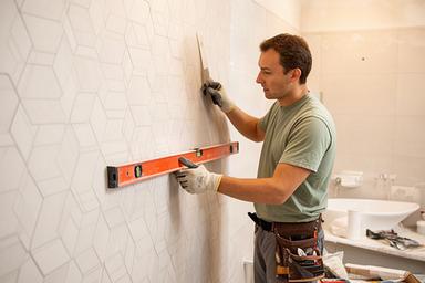 Deitan Kuyltjes preparing a tiled bathroom wall with a level and work gloves